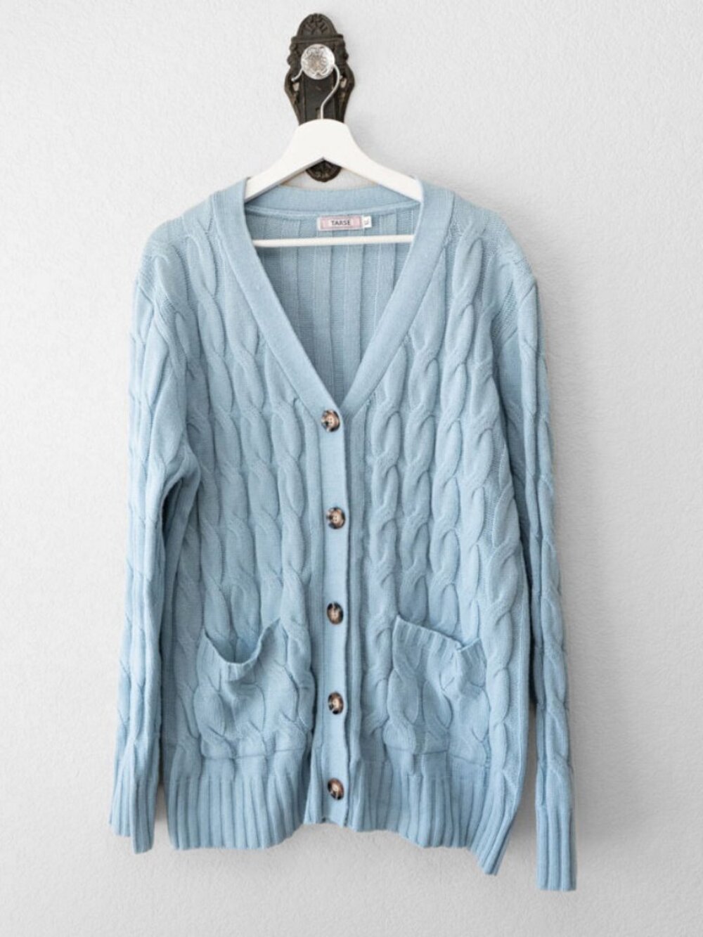 Tarse Womens XL Light Blue Cable Knit Cardigan Sweater Button Front Pockets